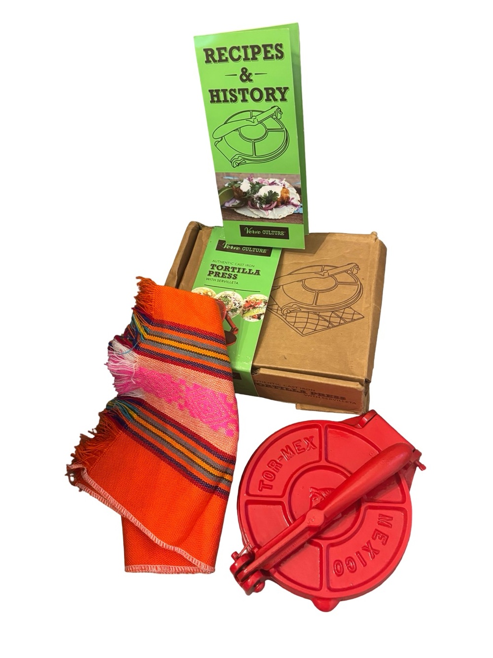 Tormex Mexican Red Tortilla Press Set & Orange Serape Cloth